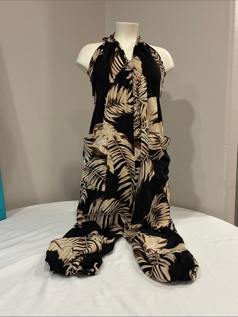 Tropical Print Halter Jumpsuit in Black & Beige